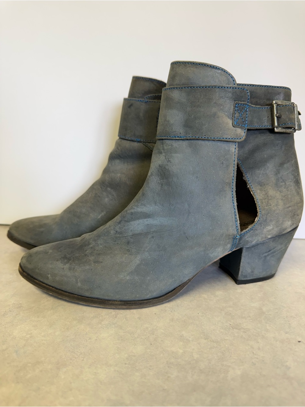 Free People Denim Blue Leather Cutout Buckle Ankle Boots Block Heel Size 10